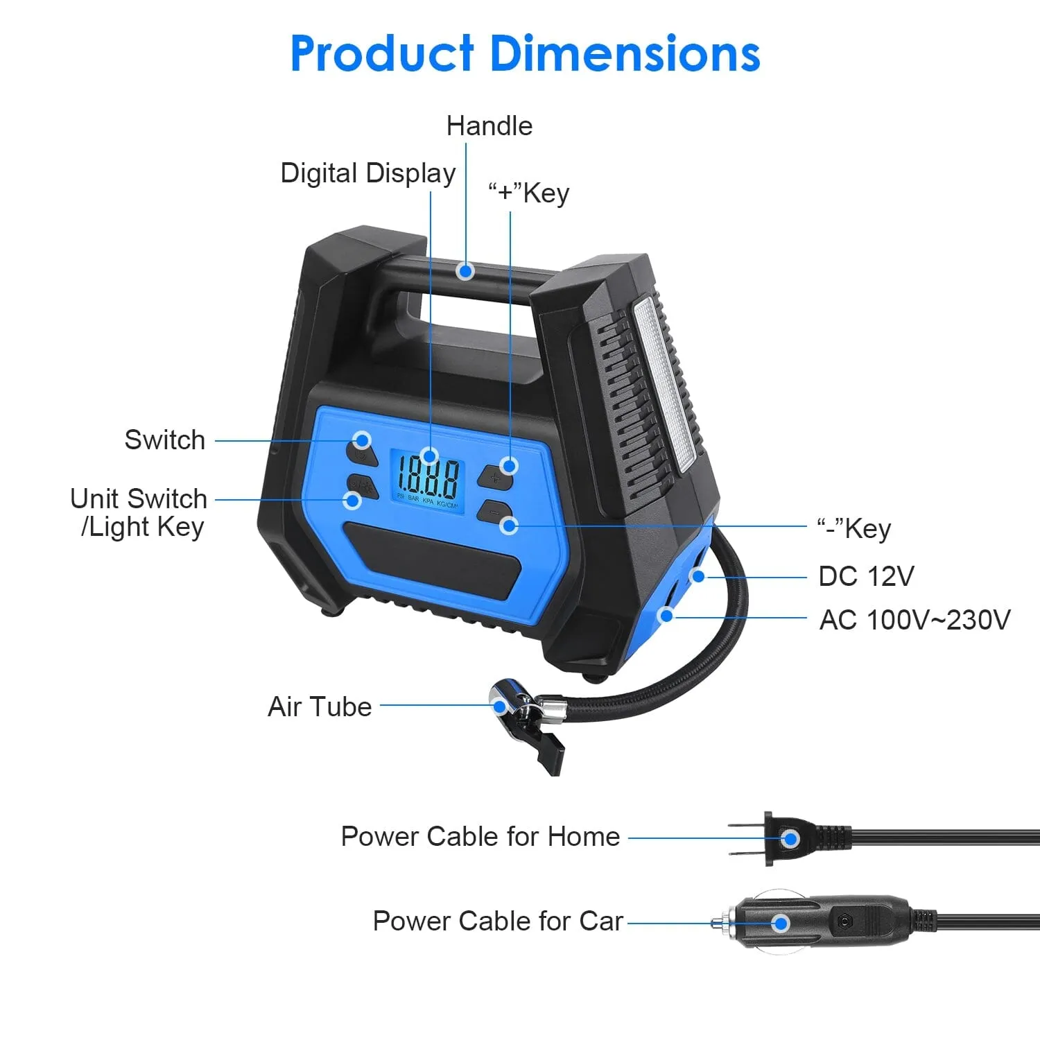 120W Max Power Portable Tire Pump with Digital Display LED Light