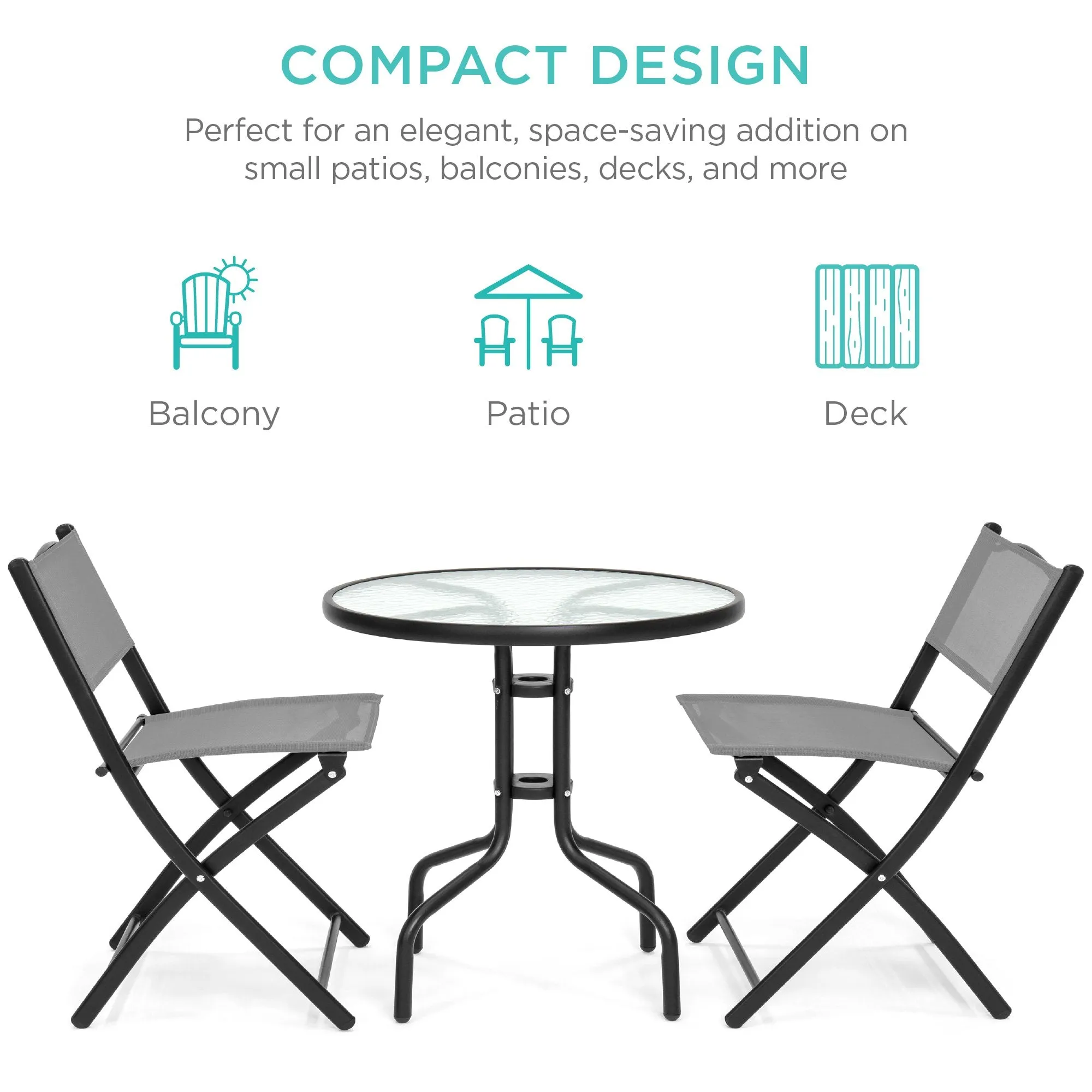 3-Piece Bistro Set w/ Glass Table, 2 Foldable Chairs