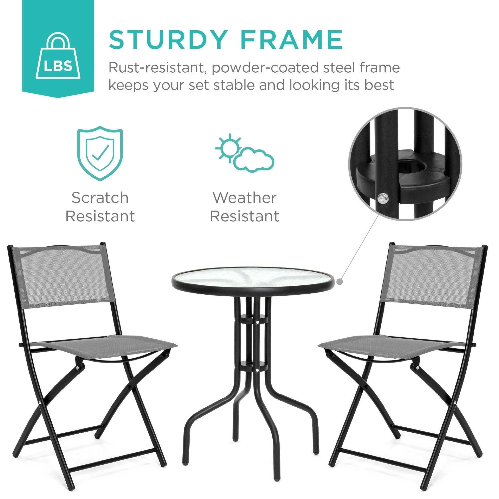 3-Piece Bistro Set w/ Glass Table, 2 Foldable Chairs