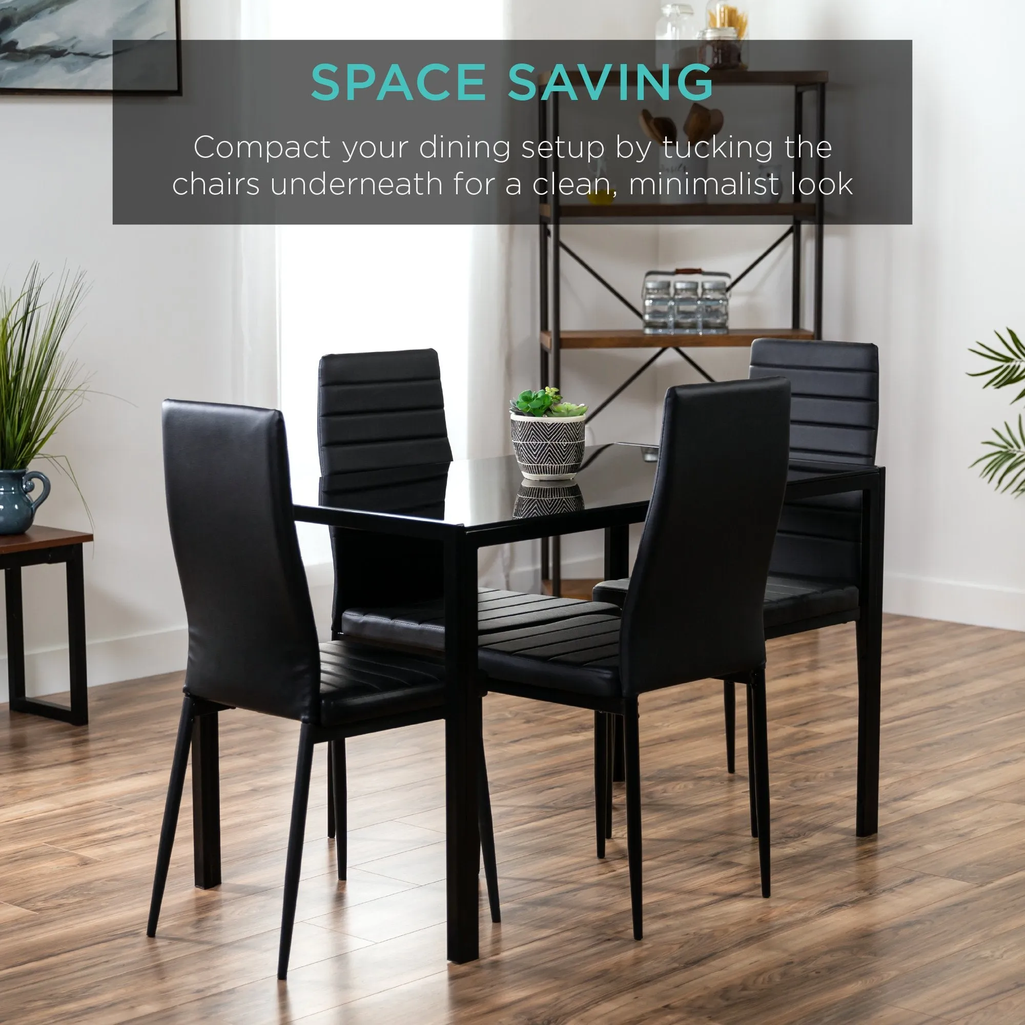 5-Piece Dining Table Set w/ Glass Top, Leather Chairs