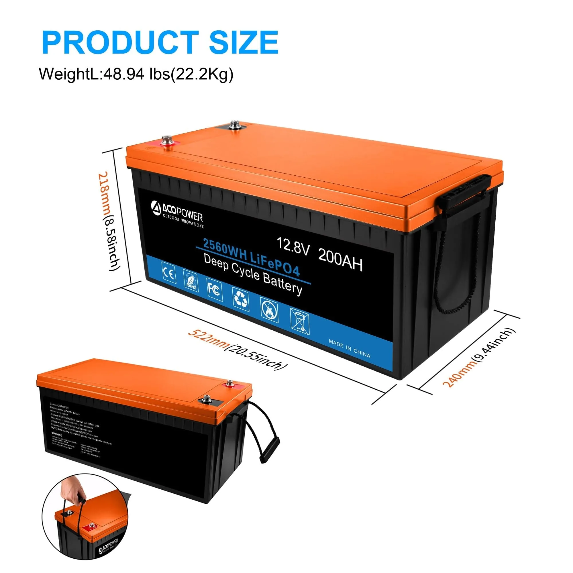 ACOPOWER 12V 200Ah LiFePO4 Deep Cycle Lithium Battery - HY-Li200Ah