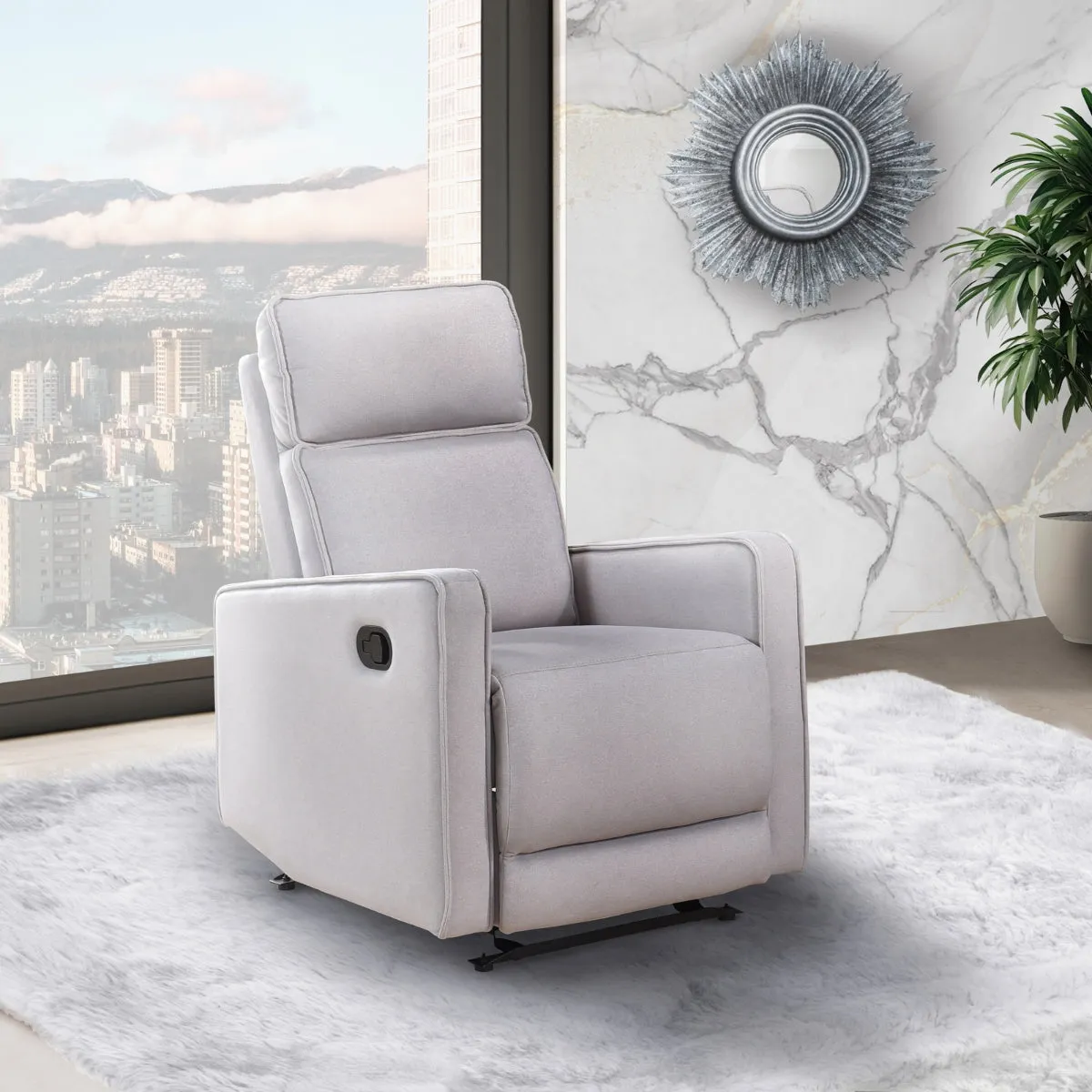 Beige Chenille Glider Recliner with Tab-Pull Latch