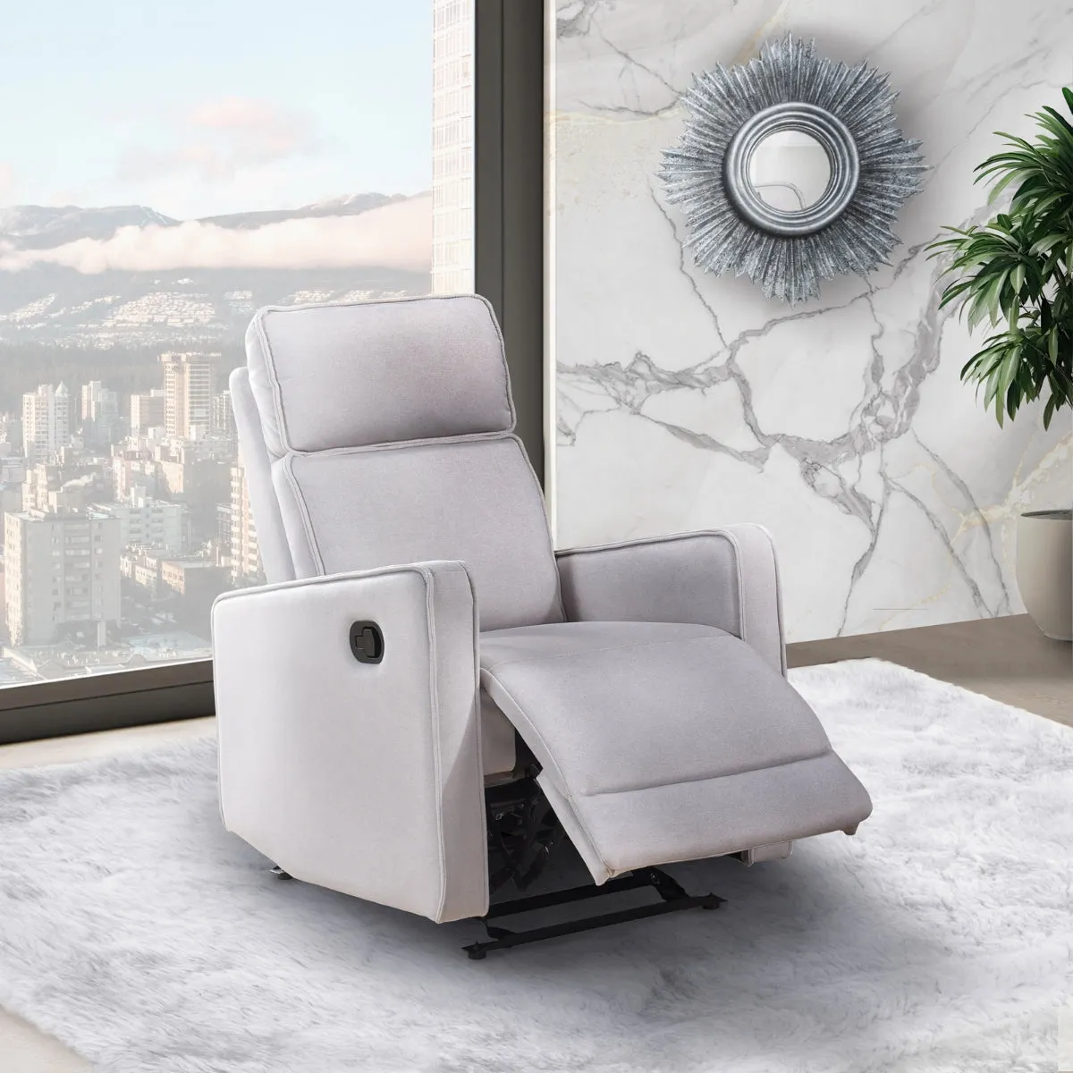 Beige Chenille Glider Recliner with Tab-Pull Latch