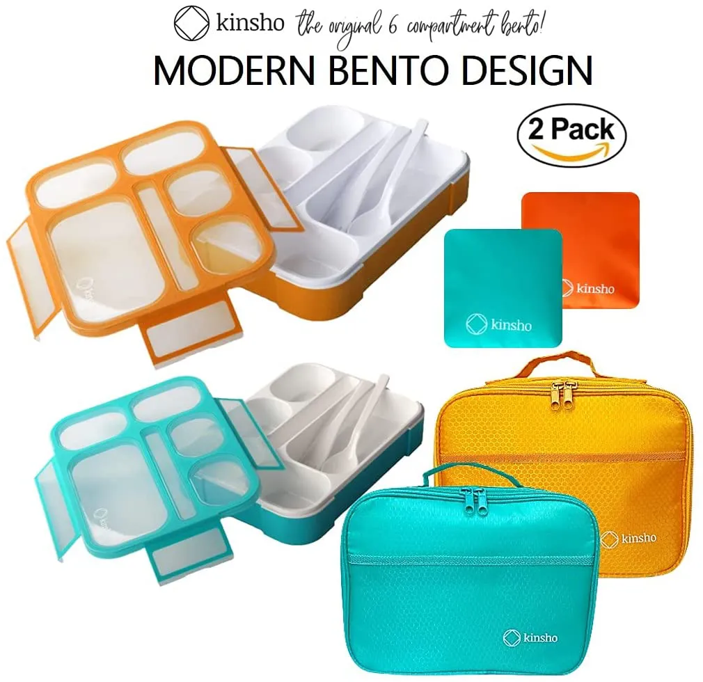 Bento Boxes with Bag and Ice Packs Set | Lunch-Box or Snack Containers for Kids Boys Girls | 6 Leakproof Compartments, Insulated Bags for School Daycare Lunches | Blue, Navy Blue Large 2 Pack