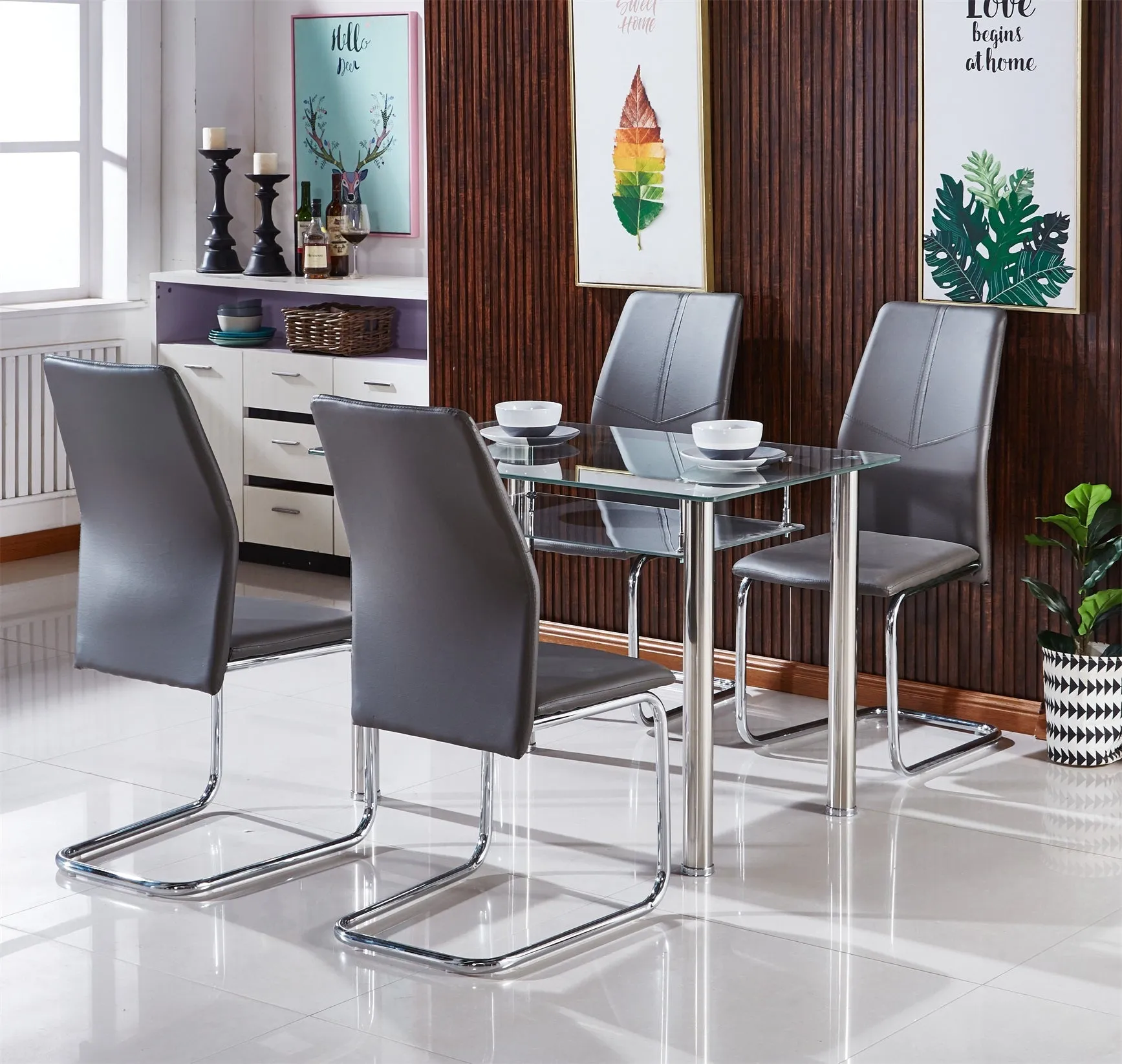 COMPACT | Tempered Glass Dining Set With 4 x Vienna Faux Leather Dining Chairs | Available in Black, Grey, White-Grey and Black-White |