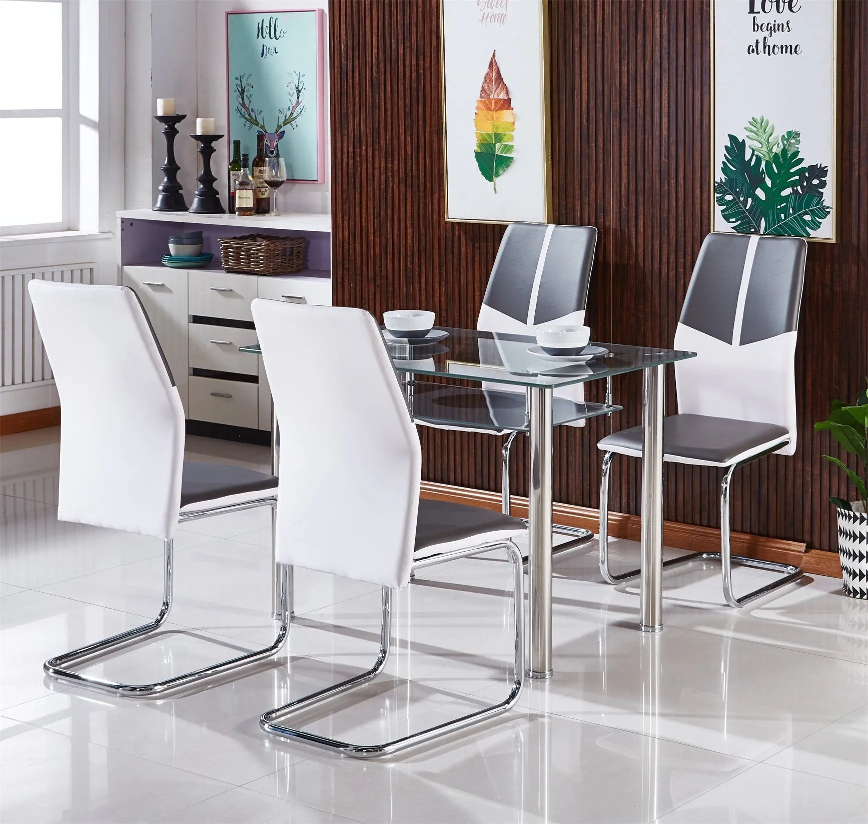 COMPACT | Tempered Glass Dining Set With 4 x Vienna Faux Leather Dining Chairs | Available in Black, Grey, White-Grey and Black-White |