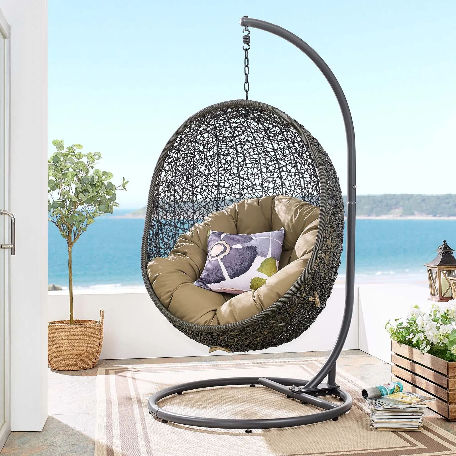 Hide Outdoor Patio Swing Chair With Stand Gray Mocha EEI-2273-GRY-MOC