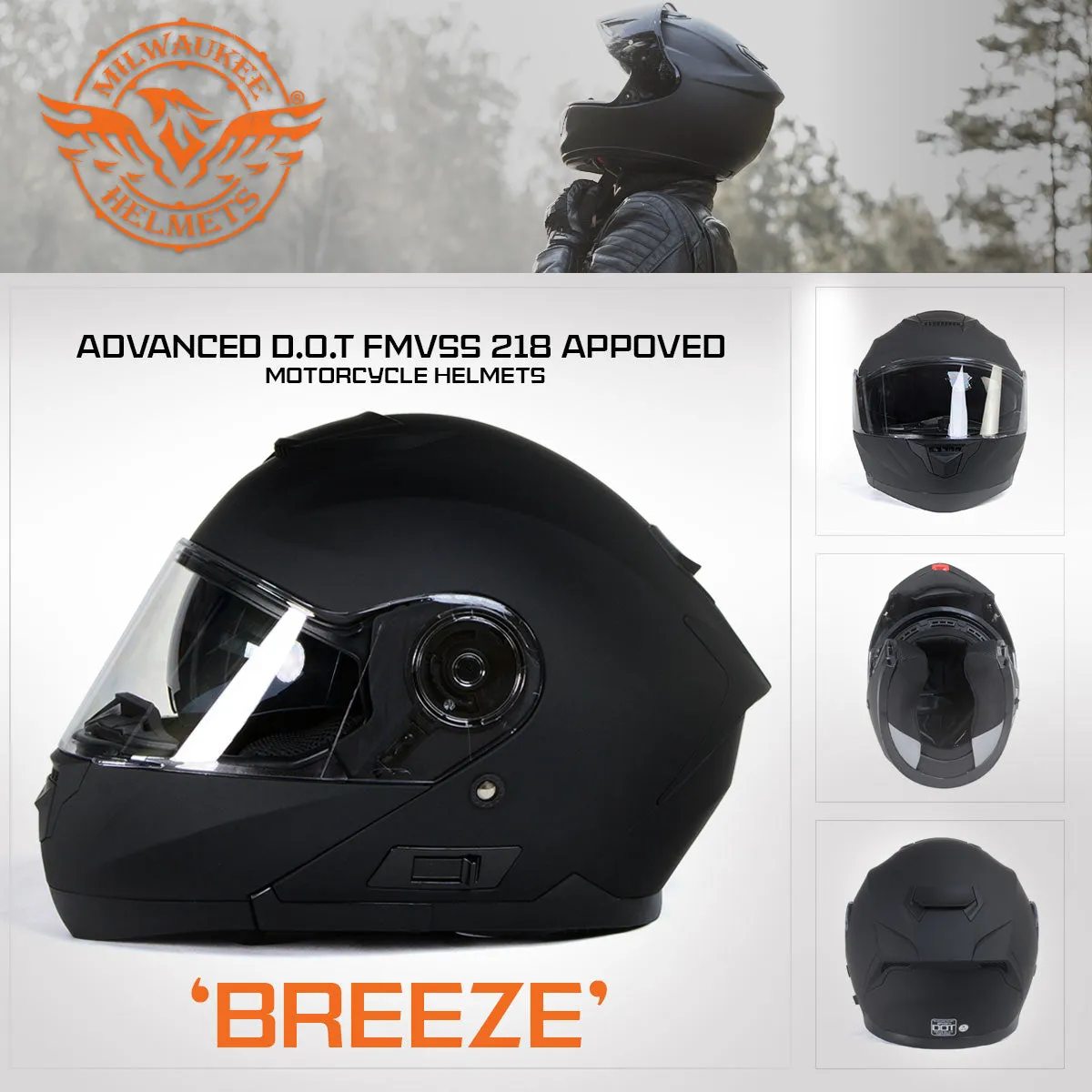 Milwaukee Helmets Breeze Flat Black Advanced Motorcycle Modular Helmet