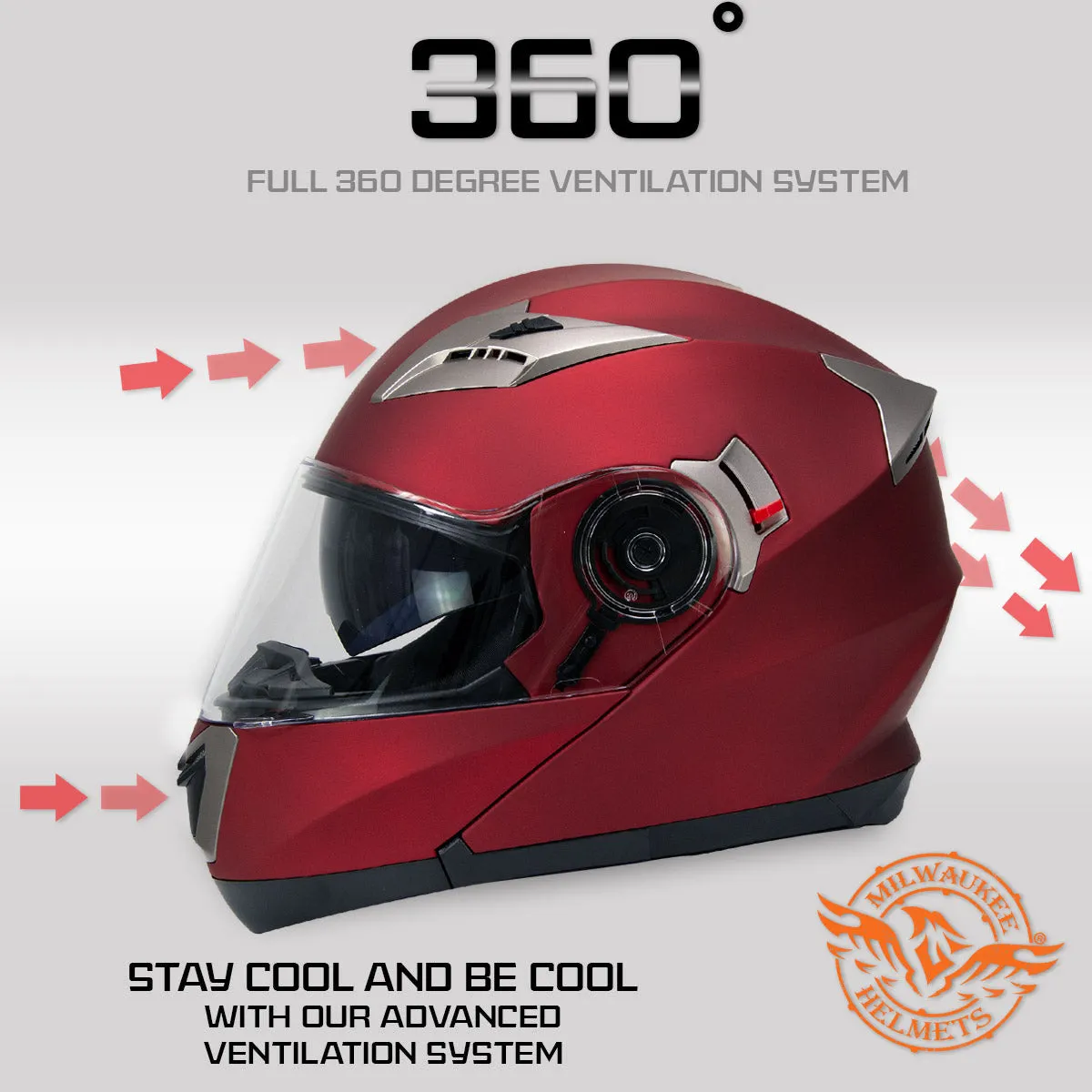 Milwaukee Helmets MPH9826DOT 'Ionized' Flat Red Advanced Motorcycle Modular Helmet w/ Drop Down Visor