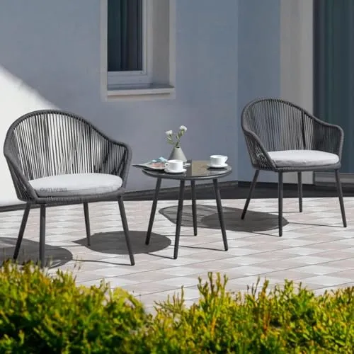 OUTLIVING Patio Seating 2 Chairs and Round Coffee Table Set Braid Rope Outdoor Furniture Set for Balcony, Garden (Grey 5)