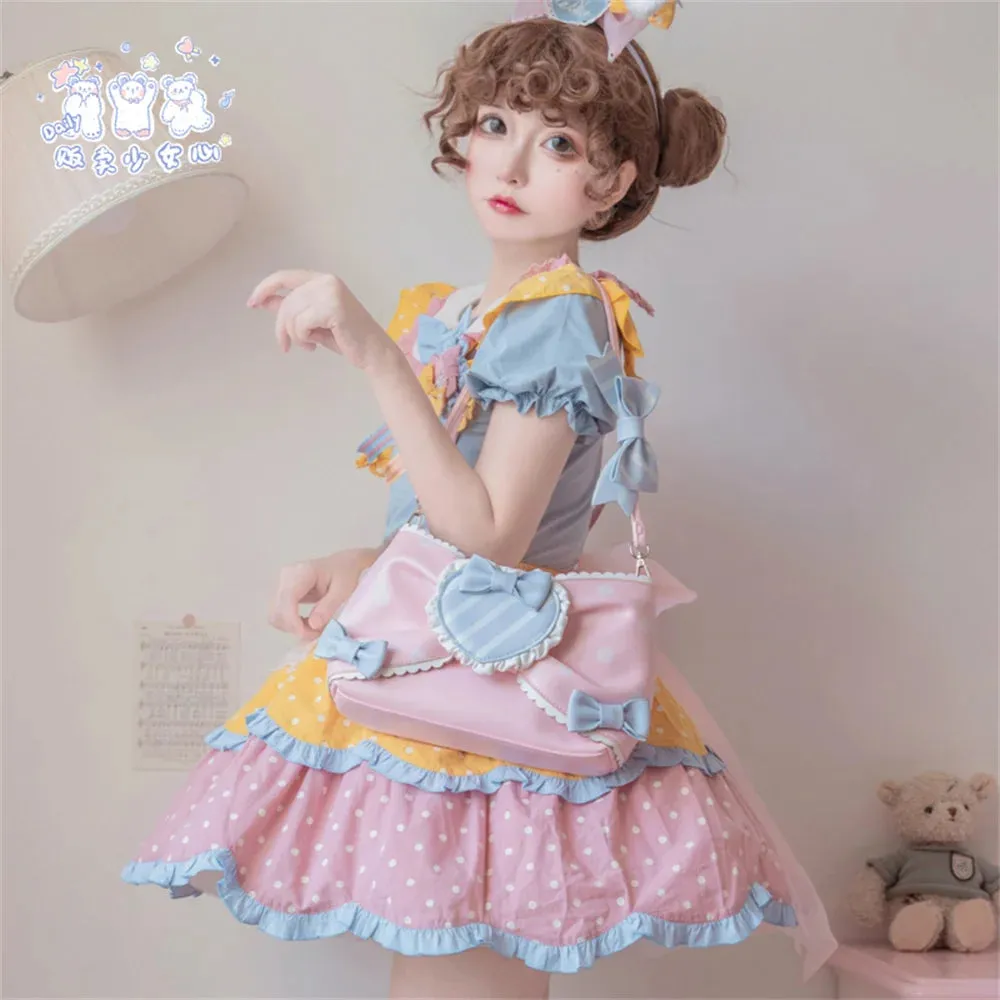 Uniwim Sweet Girls Pink Sugar Wave Point Pearl Chain Bowknot Bags Lolita Bags Black Girls Cute Love Ruffle Portable Cosplay Lolita Bags