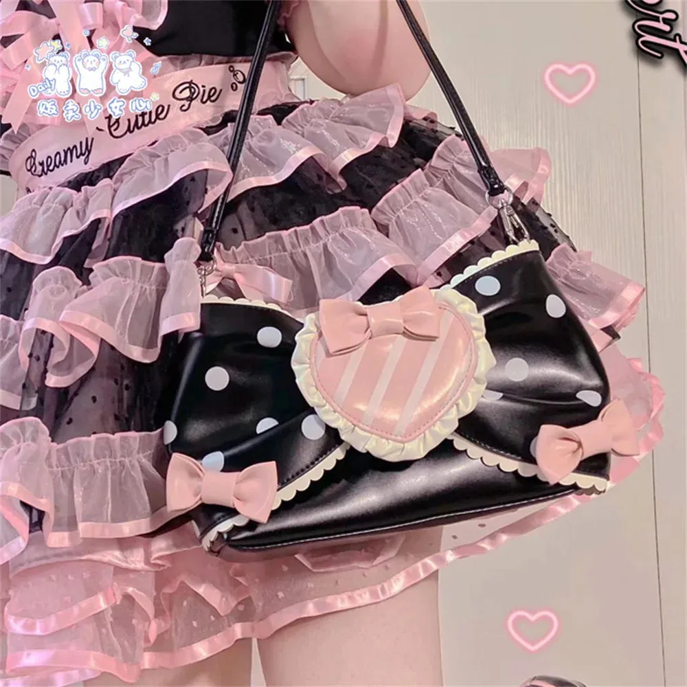 Uniwim Sweet Girls Pink Sugar Wave Point Pearl Chain Bowknot Bags Lolita Bags Black Girls Cute Love Ruffle Portable Cosplay Lolita Bags