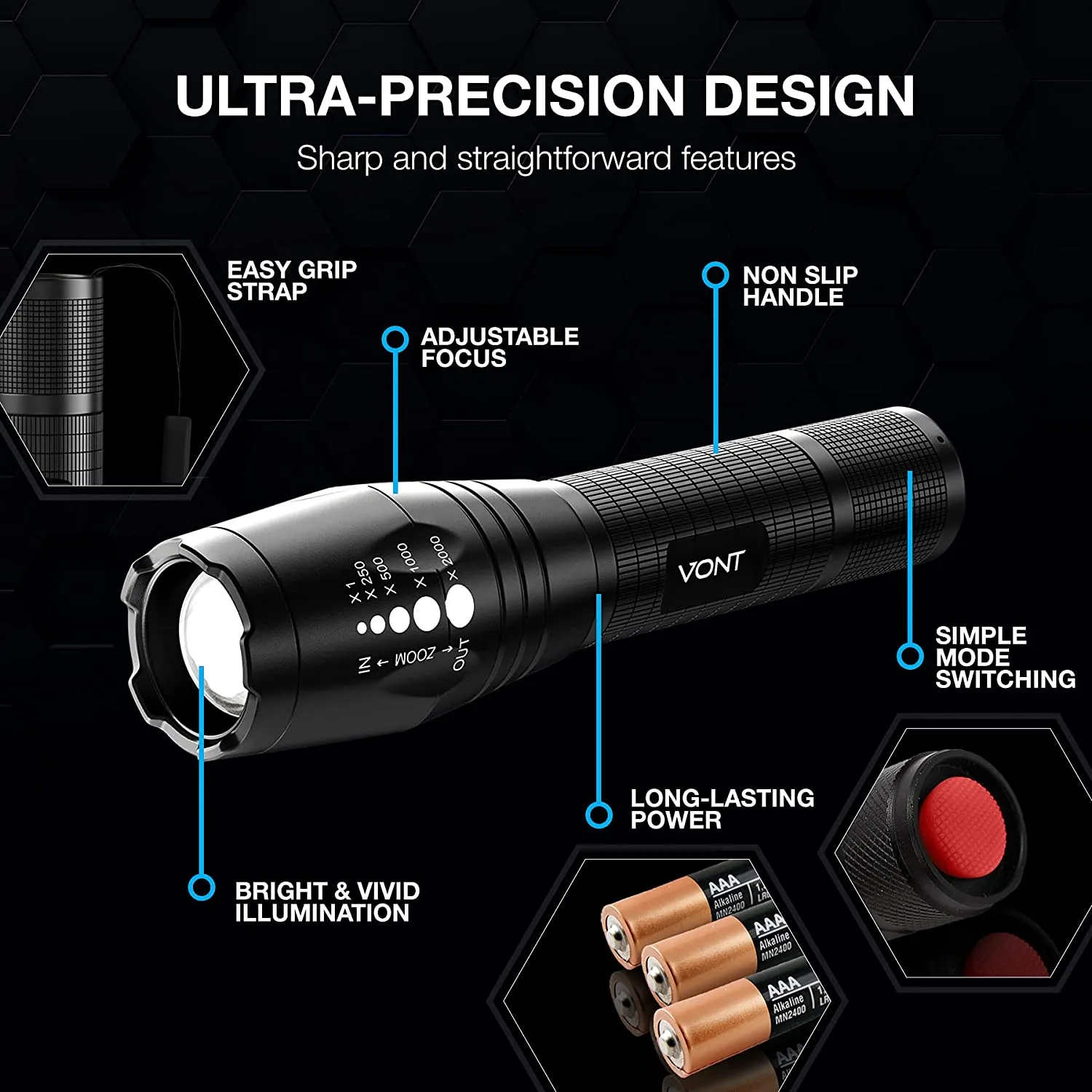 Vont LED Tactical Flashlight | 5 Modes | High Lumen Adjustable